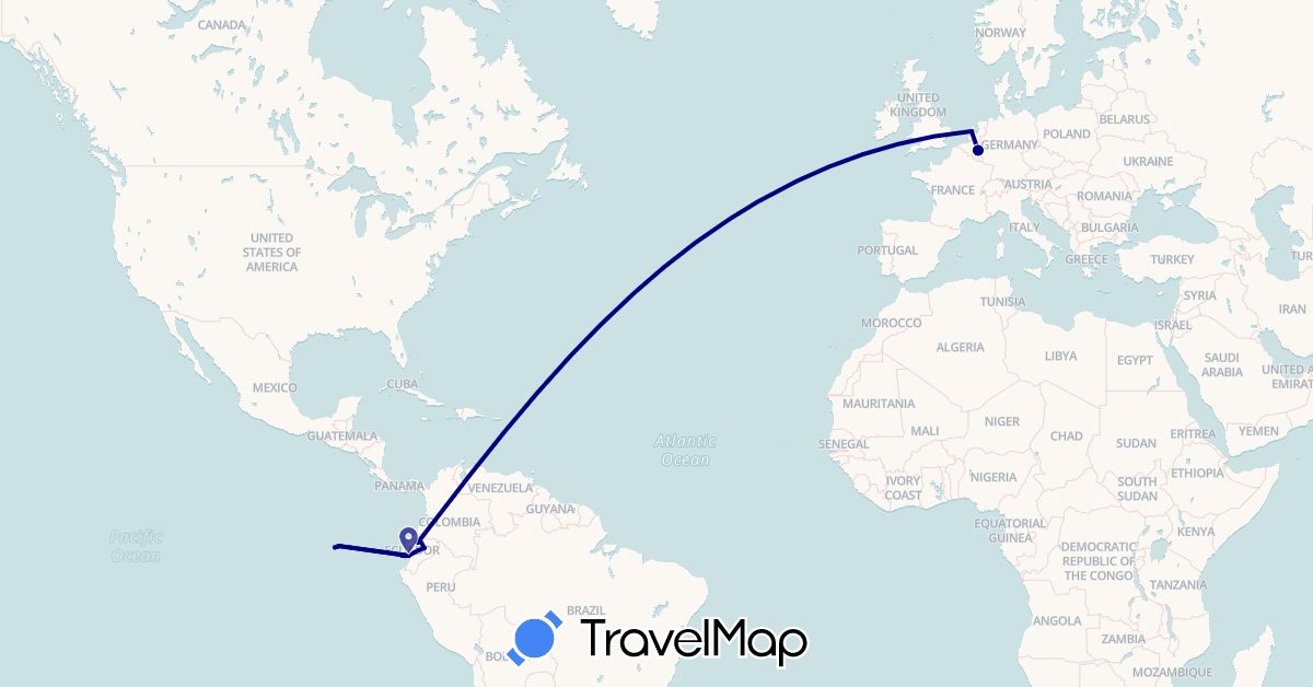 TravelMap itinerary: driving in Belgium, Ecuador, Netherlands (Europe, South America)